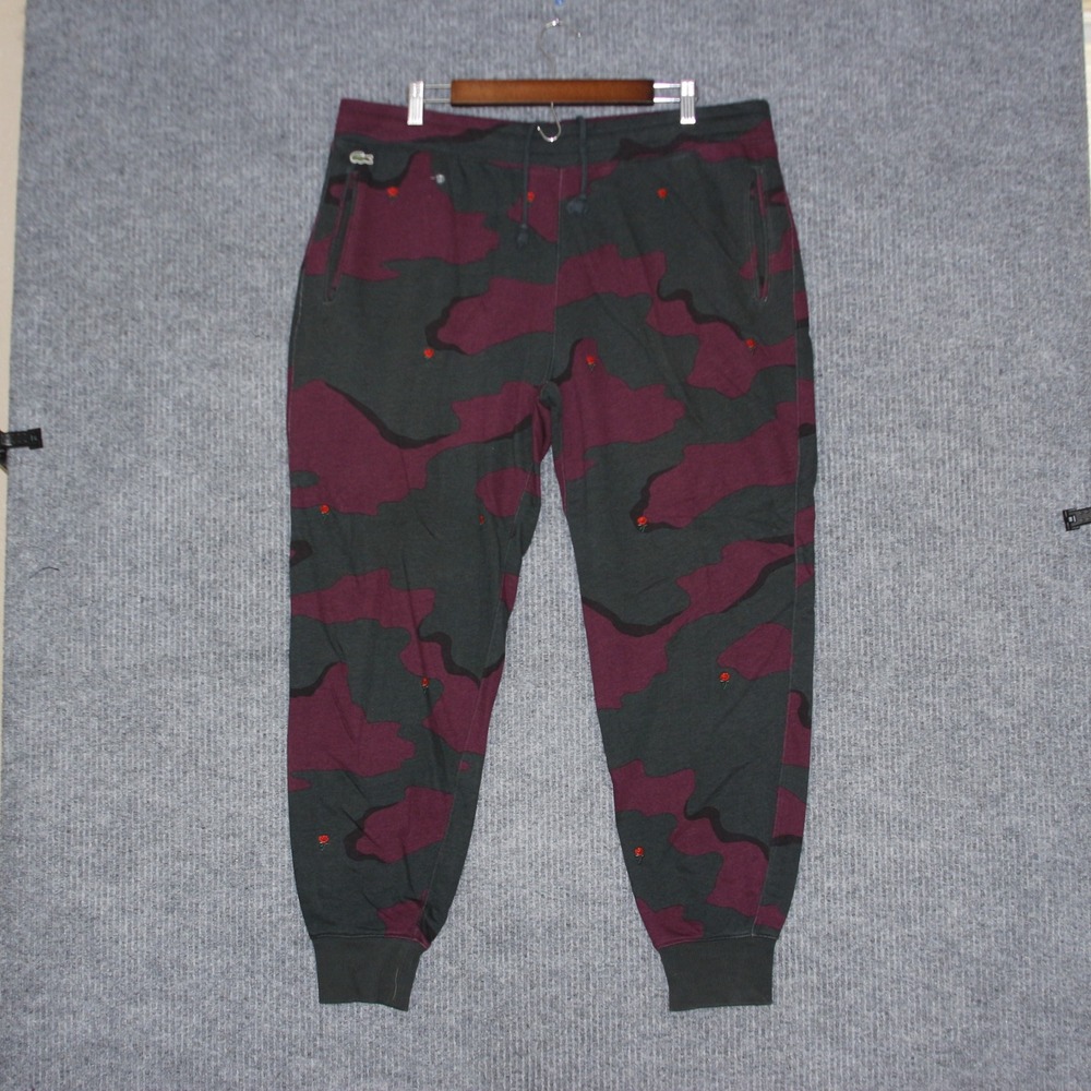 Lacoste Live Camo Rose Embroidered Jogger Sweatpants Mens XL Green Burgundy